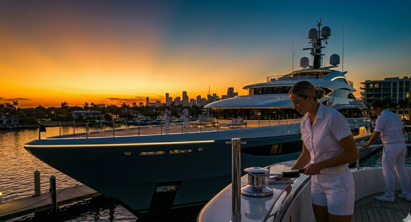 Crew cleaning a luxury yacht at sunset