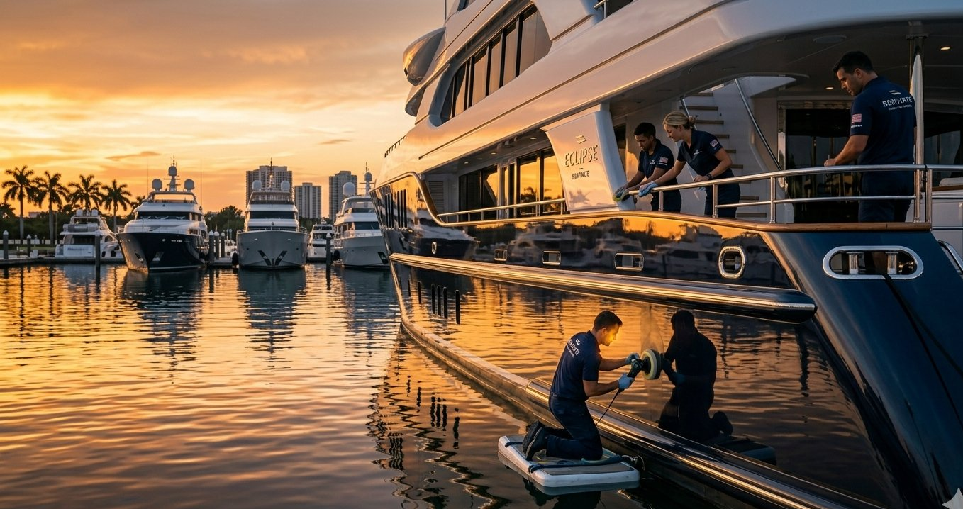 Marine crew polishing the hull of a luxury yacht