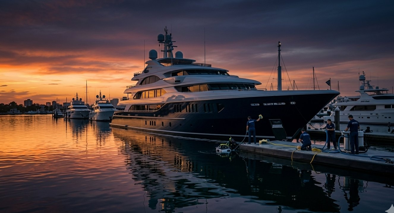 Yacht maintenance team working dockside at sunset